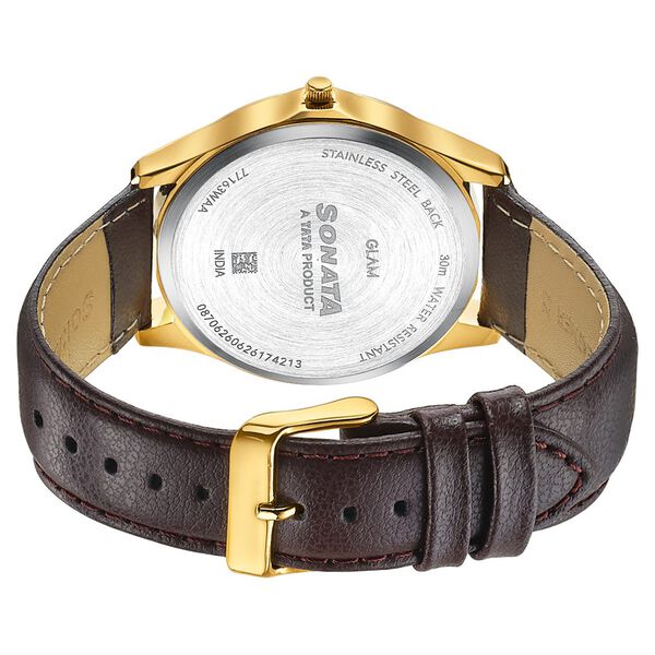 Sonata Traditional Essentials Silver Dial, Gold tone case Burgundy Genuine Leather Strap Watch - image number 5