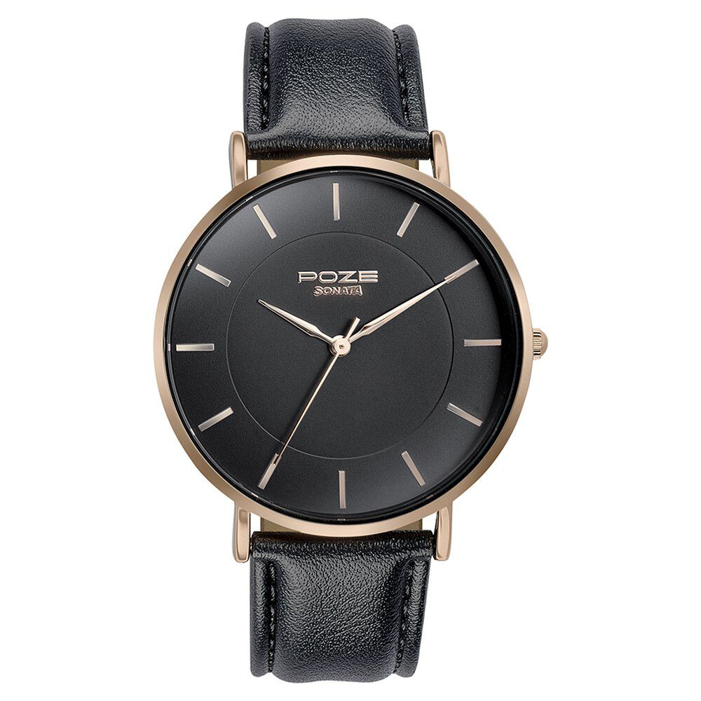 Buy Online Sonata Poze Quartz Analog Black Dial Leather Strap Watch for Men sp70027wl02w p Sonata