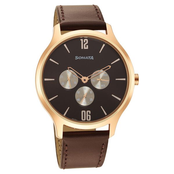 Sonata Quartz Multifunction Brown Dial Leather Strap Watch for Men - image number 0