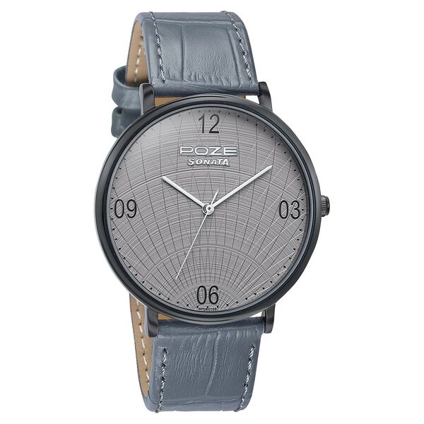 Sonata Poze Quartz Analog Grey Dial Leather Strap Watch For Men - image number 2