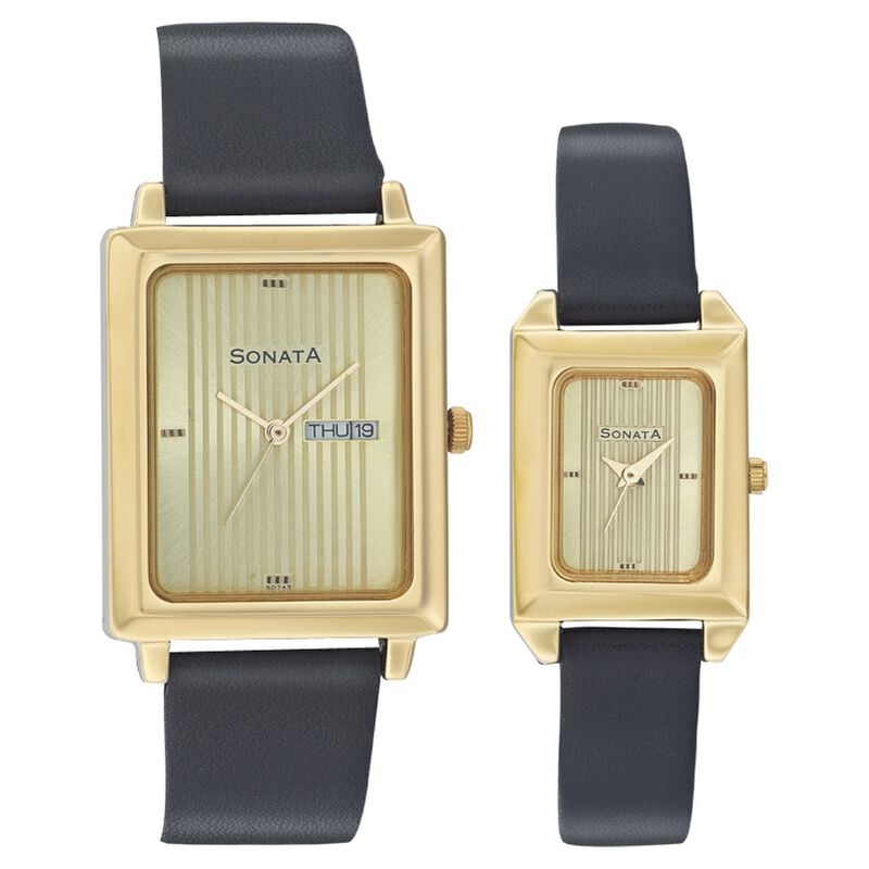 Sonata Quartz Analog with Day and Date Champagne Dial Leather Strap Watch for Couple - image number 0