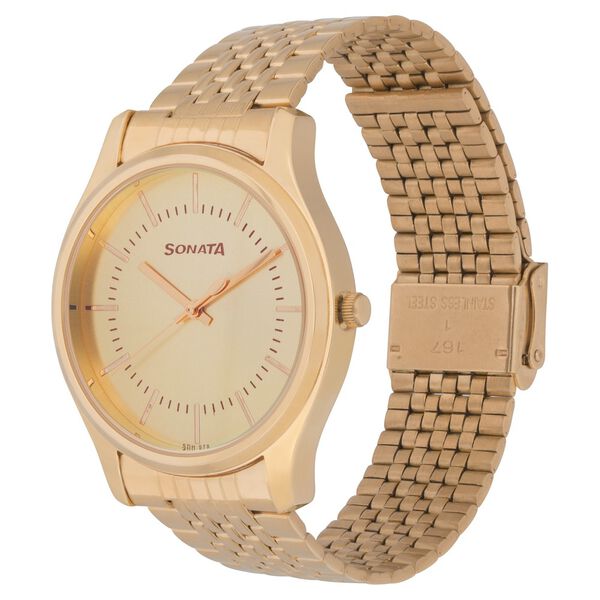 Sonata Essentials Quartz Analog Champagne Dial Golden Stainless Steel Strap Watch For Men - image number 2