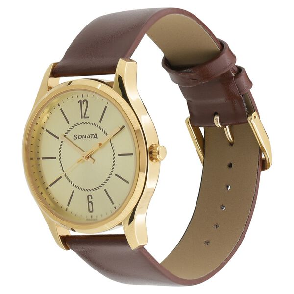 Sonata Quartz Analog Champagne Dial Leather Strap Watch for Men - image number 1