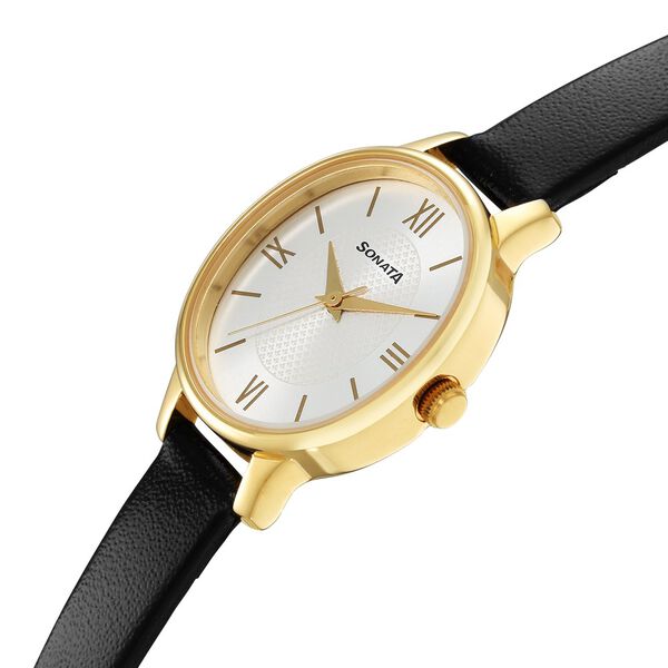 Sonata Classic Gold Silver Dial Leather Strap Watch for Women - image number 2