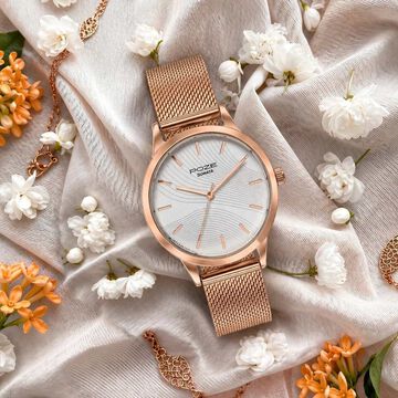 Poze By Sonata Quartz Analog White Dial Rose Gold Metal Strap Watch For Women
