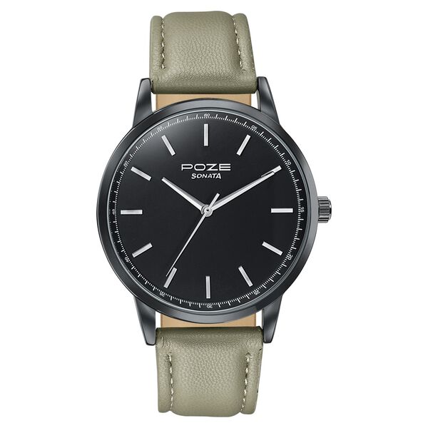 Poze By Sonata Quartz Analog Black Dial Beige Leather Strap Watch For Men - image number 1