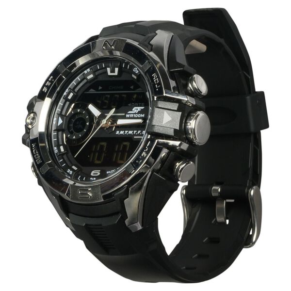 SF Chrome Quartz Analog Digital Dial PU Strap Watch for Men - image number 0
