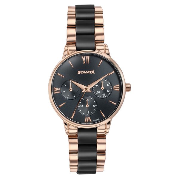 Sonata Festive Quartz Multifunction Black Dial Two Toned Acetate And Metal Strap Watch For Women - image number 0