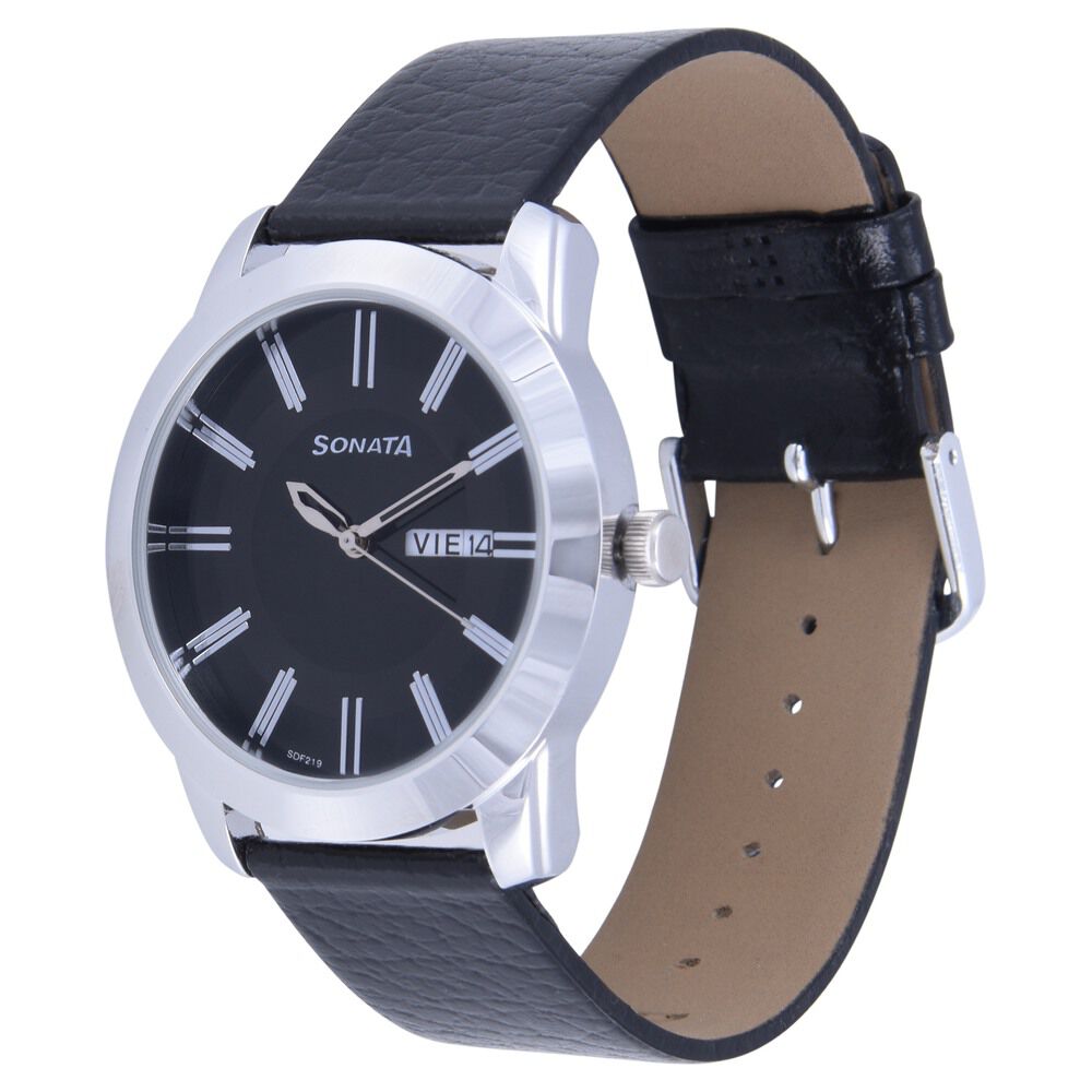 Sonata Quartz Analog Black Dial Leather Strap Watch for Men