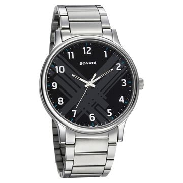 Sonata Smart Plaid Quartz Analog Black Dial Stainless Steel Strap Watch for Men