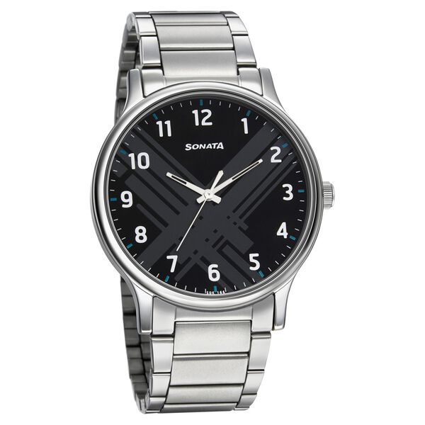 Sonata Smart Plaid Quartz Analog Black Dial Stainless Steel Strap Watch for Men - image number 0