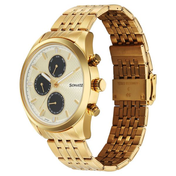 Sonata Magna Quartz Multifunction Champagne Dial Golden Stainless Steel Strap Watch For Men - image number 1