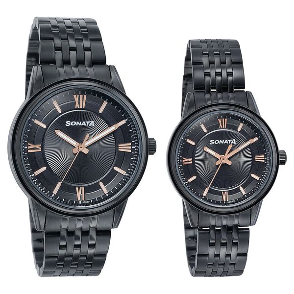 Sonata Wedding Edit Quartz Analog Black Dial Stainless Steel Strap Watch For Pair - image number 2