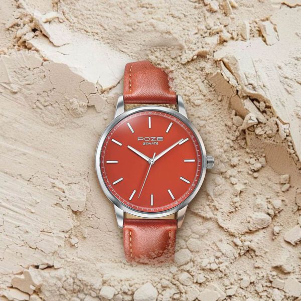 Poze By Sonata Quartz Analog Orange Dial Orange Leather Strap Watch For Men - image number 0