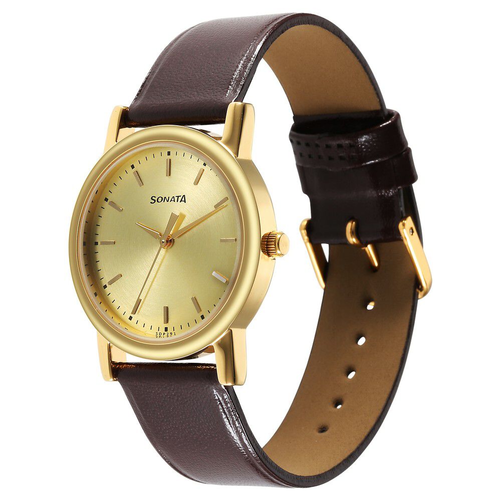 Buy Online Sonata Classic Quartz Analog Champagne Dial Brown Leather Strap Watch for Men 7987yl09w Sonata
