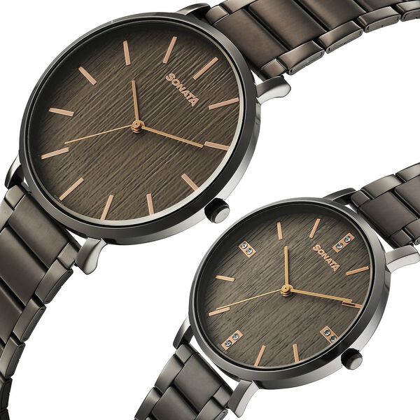 Sonata Soulmate Quartz Analog Grey Dial Grey Stainless Steel Strap Watch For Couple - image number 4