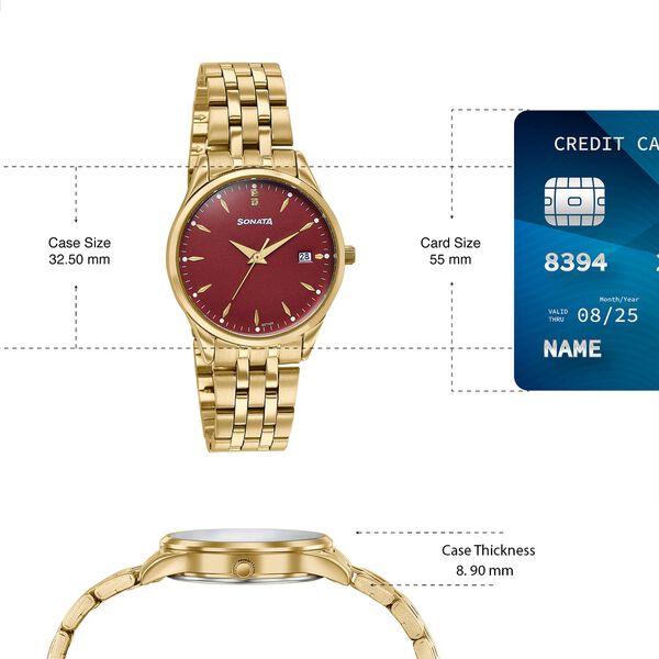 Sonata Jashn Quartz Analog Red Dial Golden Metal Strap Watch For Couple - image number 4