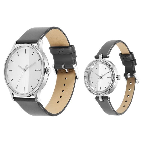 Sonata Quartz Analog Silver Dial Leather Strap Watch for Couple - image number 1