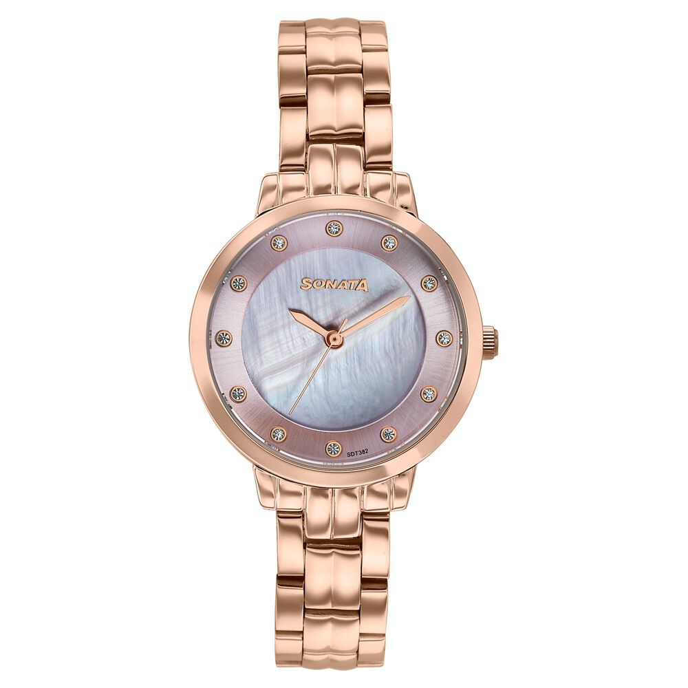 Sonata Jashn Quartz Analog Pink Mother Of Pearl Dial Rose Gold Metal Strap Watch For Women