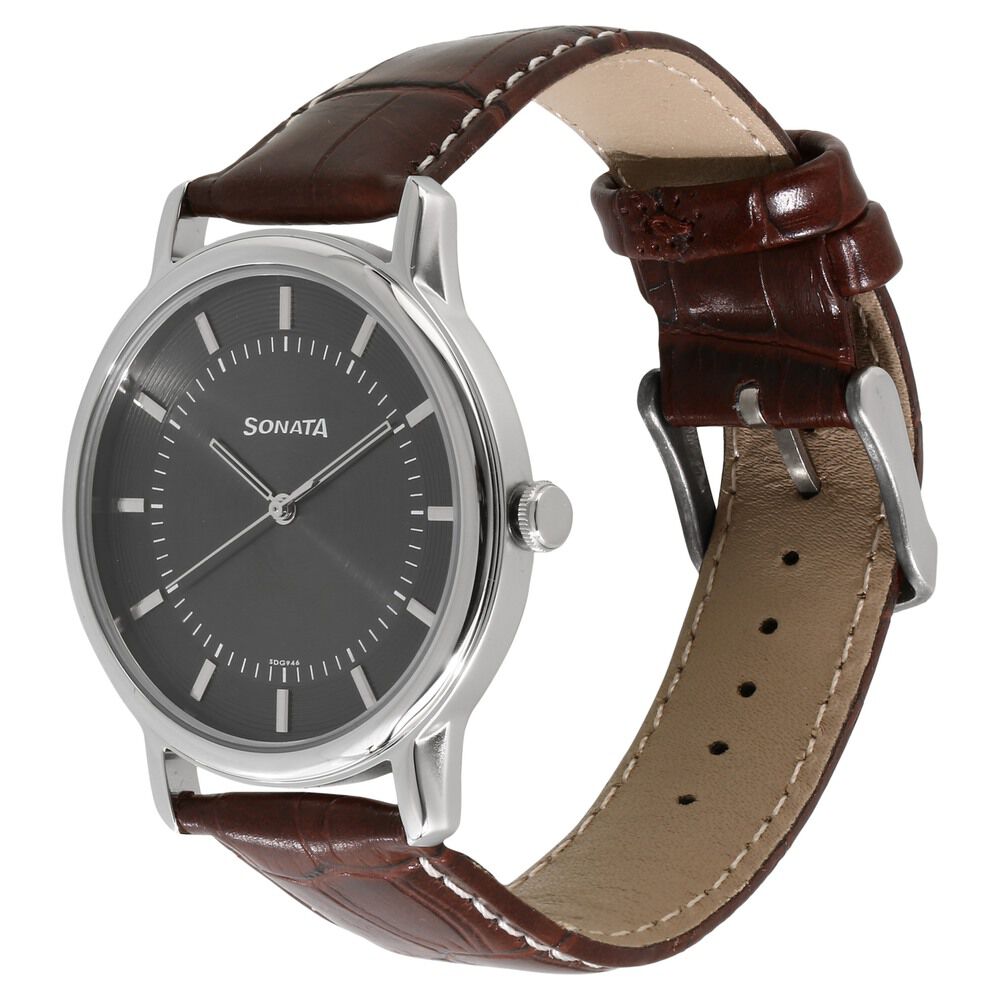 Buy Online Sonata Quartz Analog Anthracite Dial Leather Strap Watch for Men nn7128sl02 Sonata
