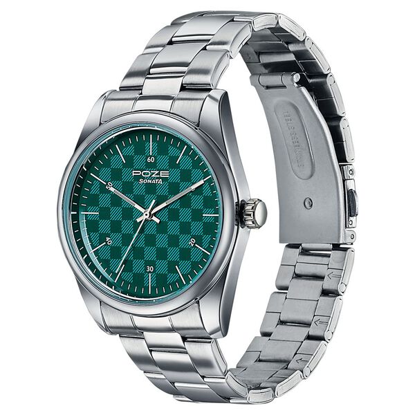 Poze By Sonata Quartz Analog Green Dial Silver Stainless Steel Strap Watch For Men - image number 4