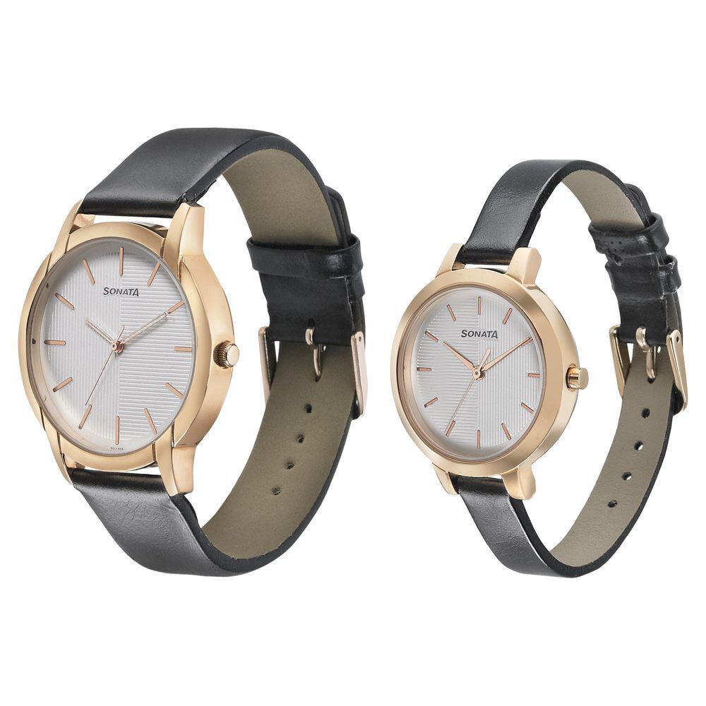 Sonata Quartz Analog Silver Dial Leather Strap Watch for Couple