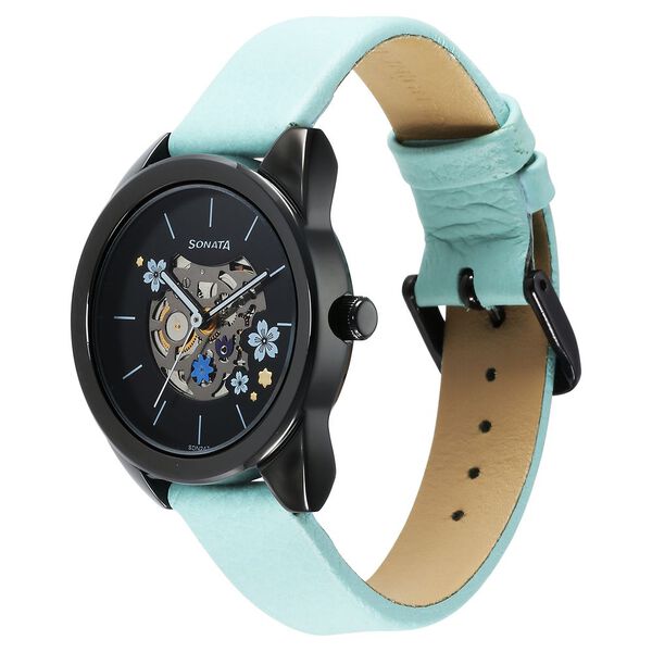 Sonata Unveil Quartz Multifunction Black Dial Leather Strap Watch for Women - image number 1