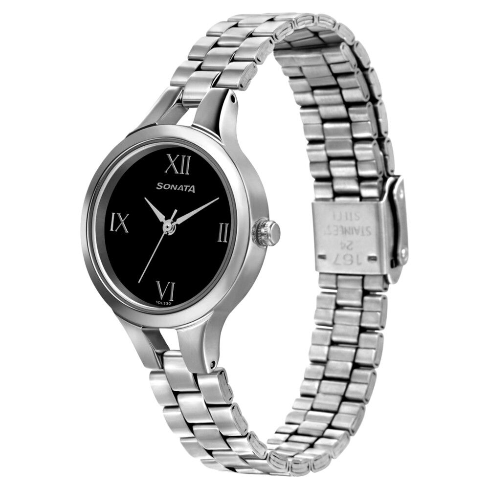 Buy Online Sonata Workwear Black Dial Women Watch With Stainless Steel Strap ns8151sm07 Sonata