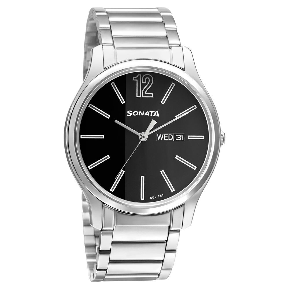 Buy Online Sonata Quartz Analog with Day and Date Black Dial Stainless Steel Strap Watch for Men ns77082sm03w Sonata