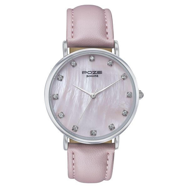 Sonata Poze Quartz Analog Pink Mother Of Pearl Dial Pink Color Leather Strap Watch For Women - image number 1