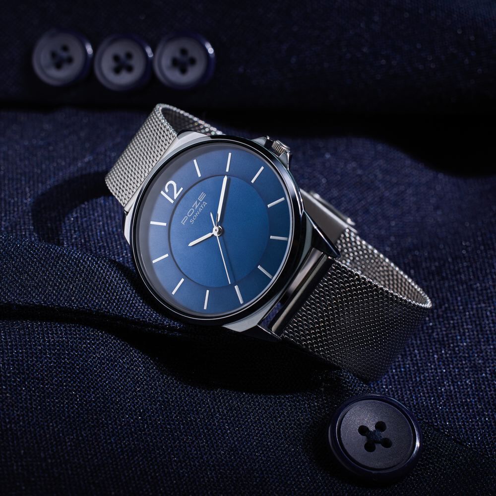 Buy Online Sonata Poze Quartz Analog Blue Dial Silver Color Stainless Steel Strap Watch For Men sp70042sm02 Sonata