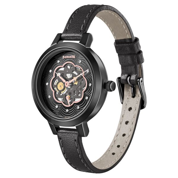 Sonata Unveil Black Dial Women Watch With Leather Strap - image number 1