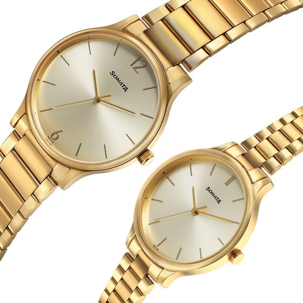Sonata Pair Quartz Analog Champagne Dial Stainless Steel Strap Watch for Couple - image number 2