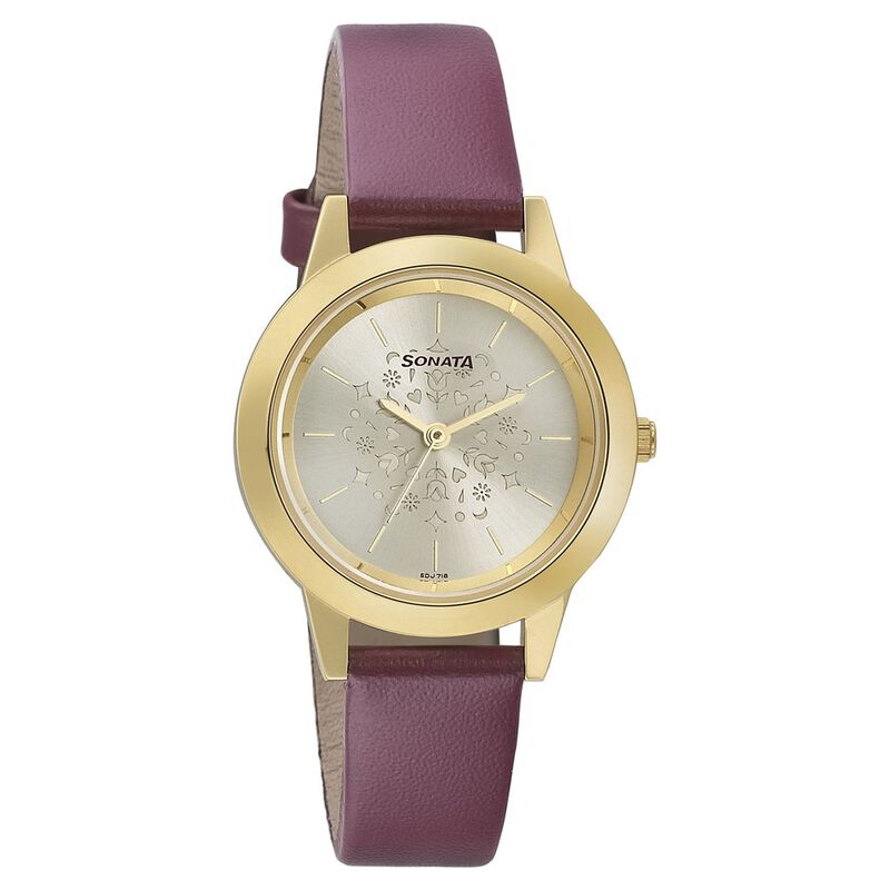 Sonata Floral Folkart Champagne Dial Women Watch With Leather Strap - image number 0