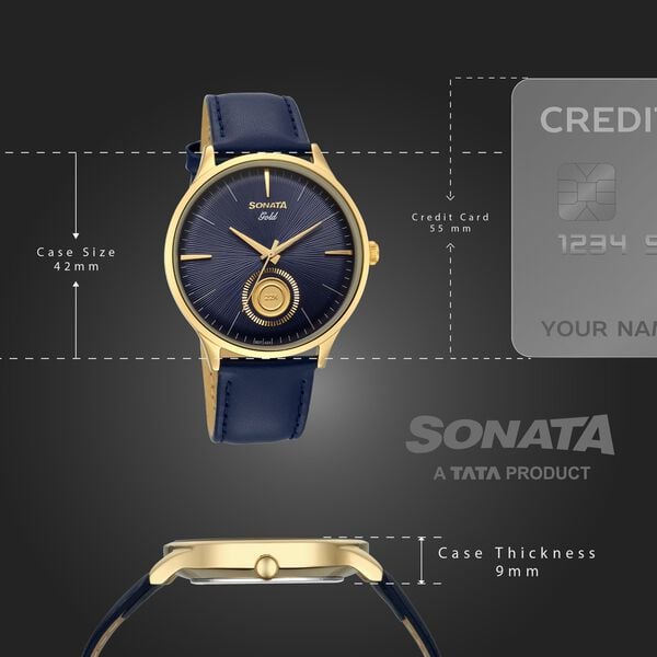 Sonata Gold Blue Dial Leather Strap Watch for Men with 22K Tanishq Gold Coin - image number 3