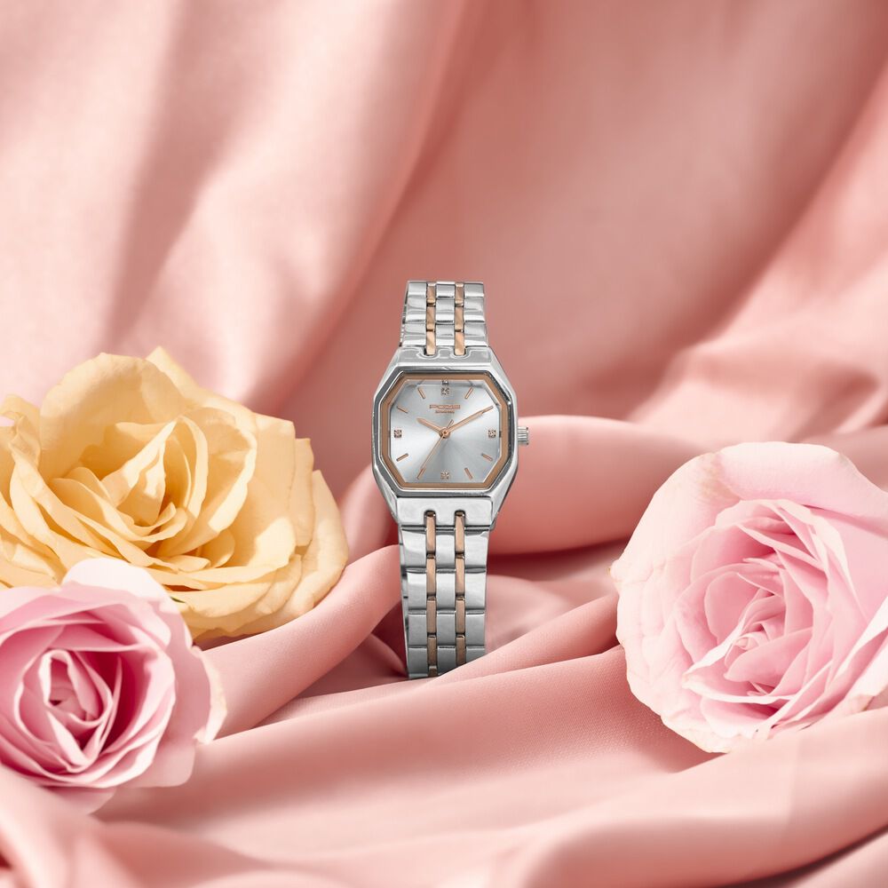 Poze By Sonata Quartz Analog Silver Dial Two Toned Metal Strap Watch For Women