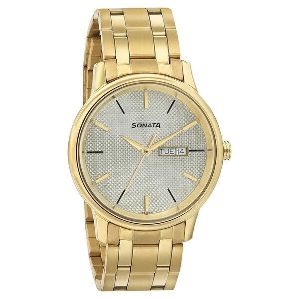 Sonata Quartz Analog with Day and Date Champagne Dial Metal Strap Watch for Men - image number 0