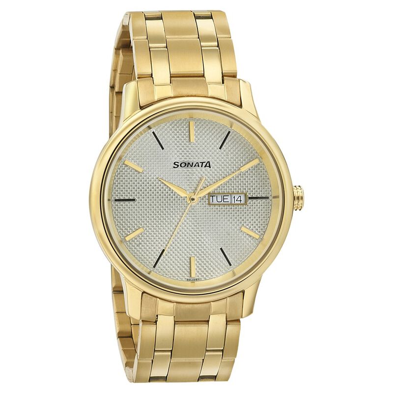 Sonata Quartz Analog with Day and Date Champagne Dial Metal Strap Watch for Men - image number 0