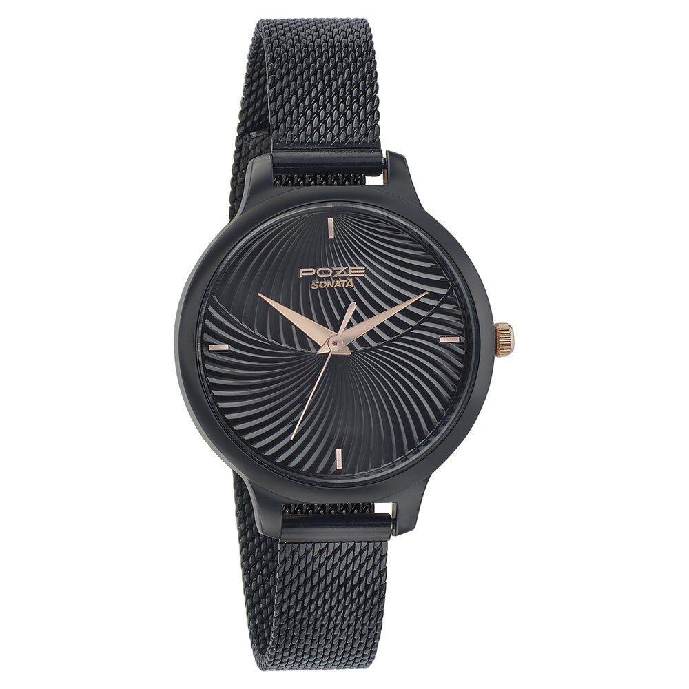 Buy Online Poze by Sonata Quartz Analog Black Dial Stainless Steel Strap Watch for Women sp80009km01 Sonata