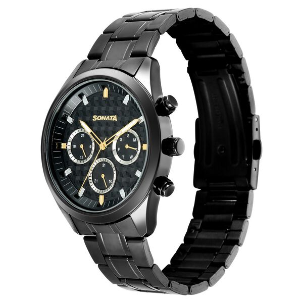 Sonata Summit Quartz Multifunction Black Dial Black Metal Strap Watch For Men - image number 2