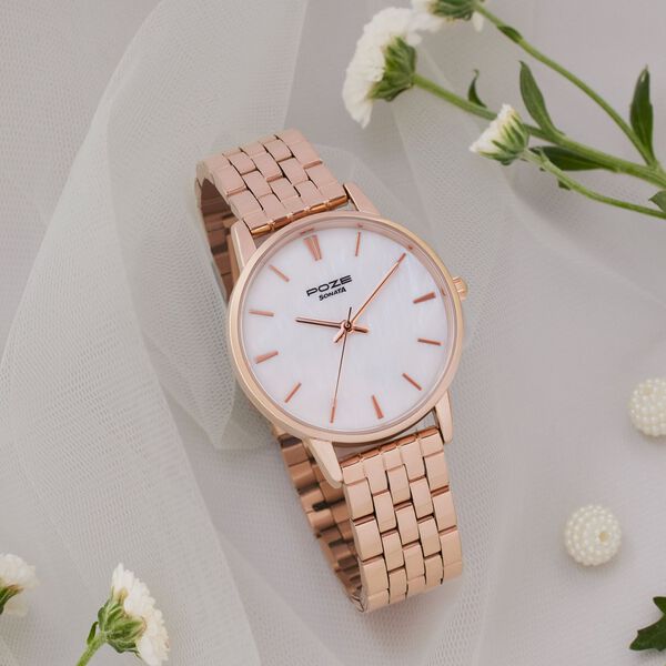 Sonata Poze Quartz Analog Mother of Pearl Round Dial Rose Gold Stainless Steel Strap Watch For Women - image number 0
