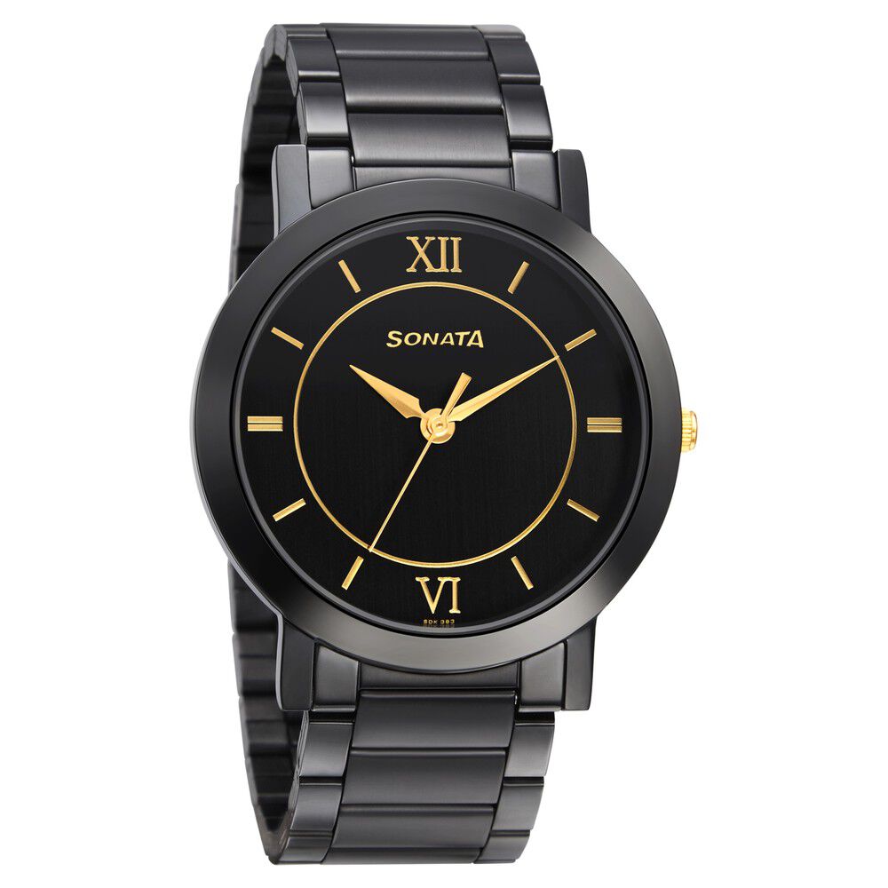 Sonata Quartz Analog Black Dial Metal Strap Watch for Men