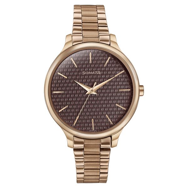 Sonata Wedding Bling Quartz Analog Brown Dial Rose Gold Stainless Steel Strap Watch for Women - image number 0