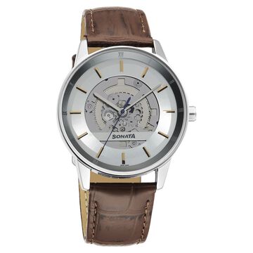 Sonata Unveil Quartz Analog Silver Dial Leather Strap Watch for Men