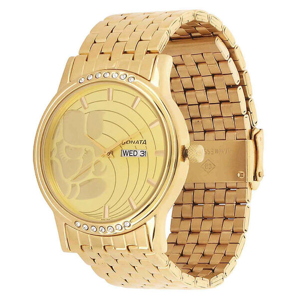 Sonata Quartz Analog with Day and Date Champagne Dial Stainless Steel Strap Watch for Men - image number 1
