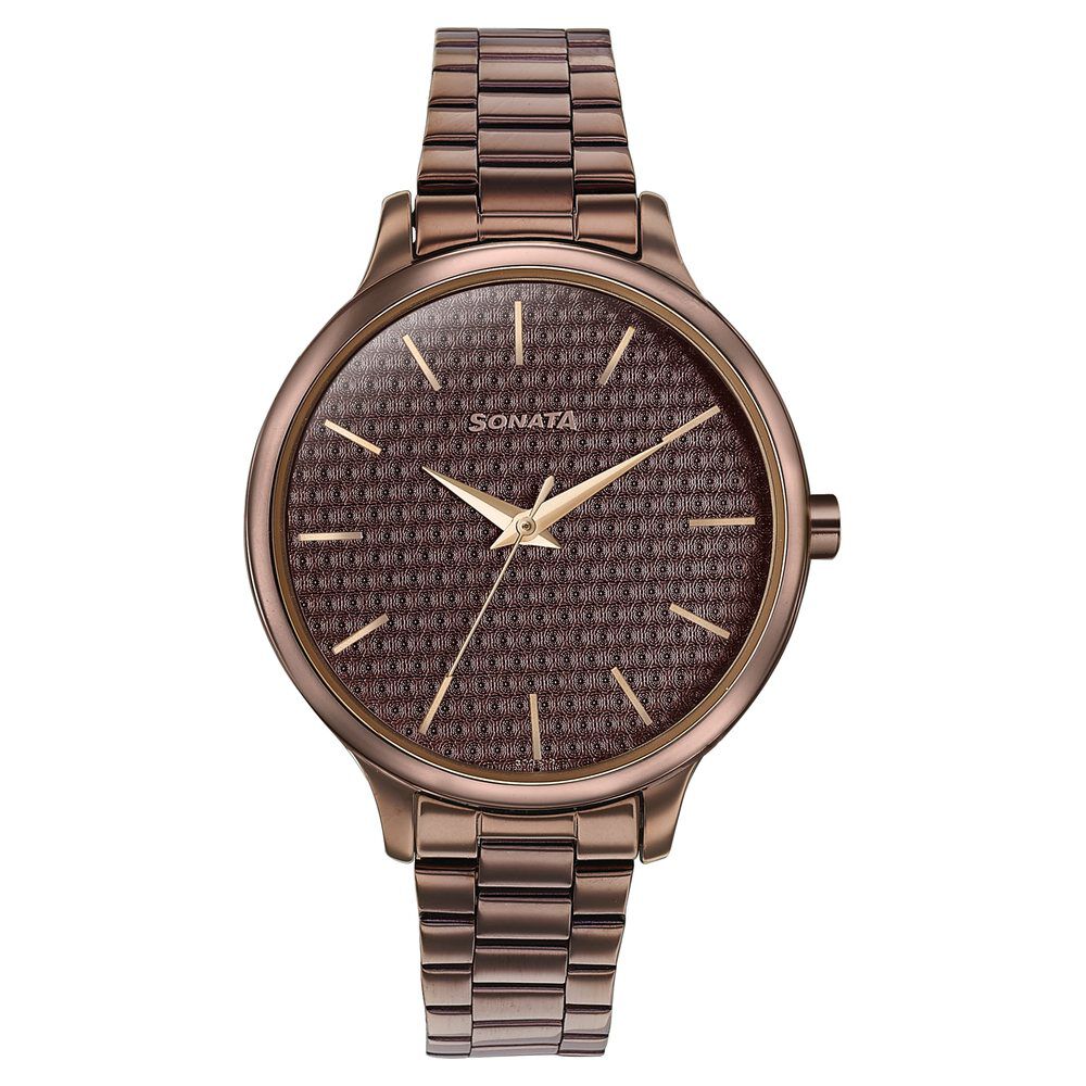 Sonata Wedding Bling Quartz Analog Brown Dial Brown Stainless Steel Strap Watch for Women-picture-28