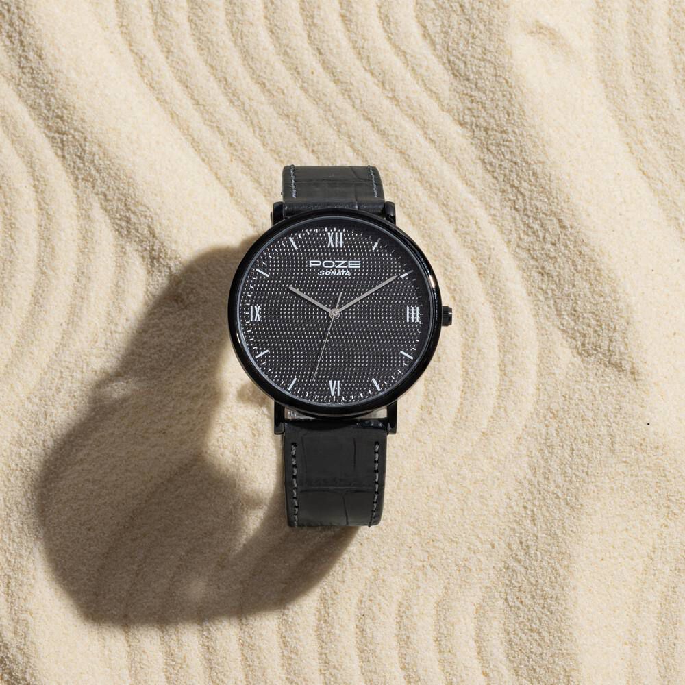 Buy Online Sonata Poze Quartz Analog Black Dial Leather Strap