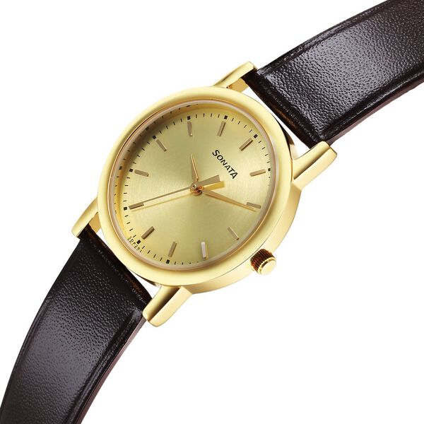 Sonata Classic Quartz Analog Champagne Dial Brown Leather Strap Watch for Men - image number 2