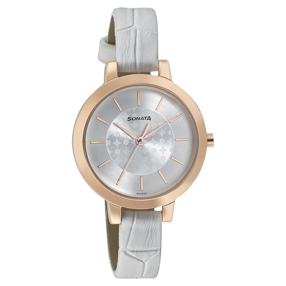Buy Online Sonata Blush Silver Dial Women Watch With Leather Strap 8141wl01 Sonata