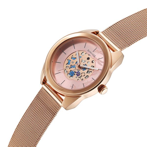 Sonata Unveil Quartz Multifunction Pink Dial Stainless Steel Strap Watch for Women - image number 2